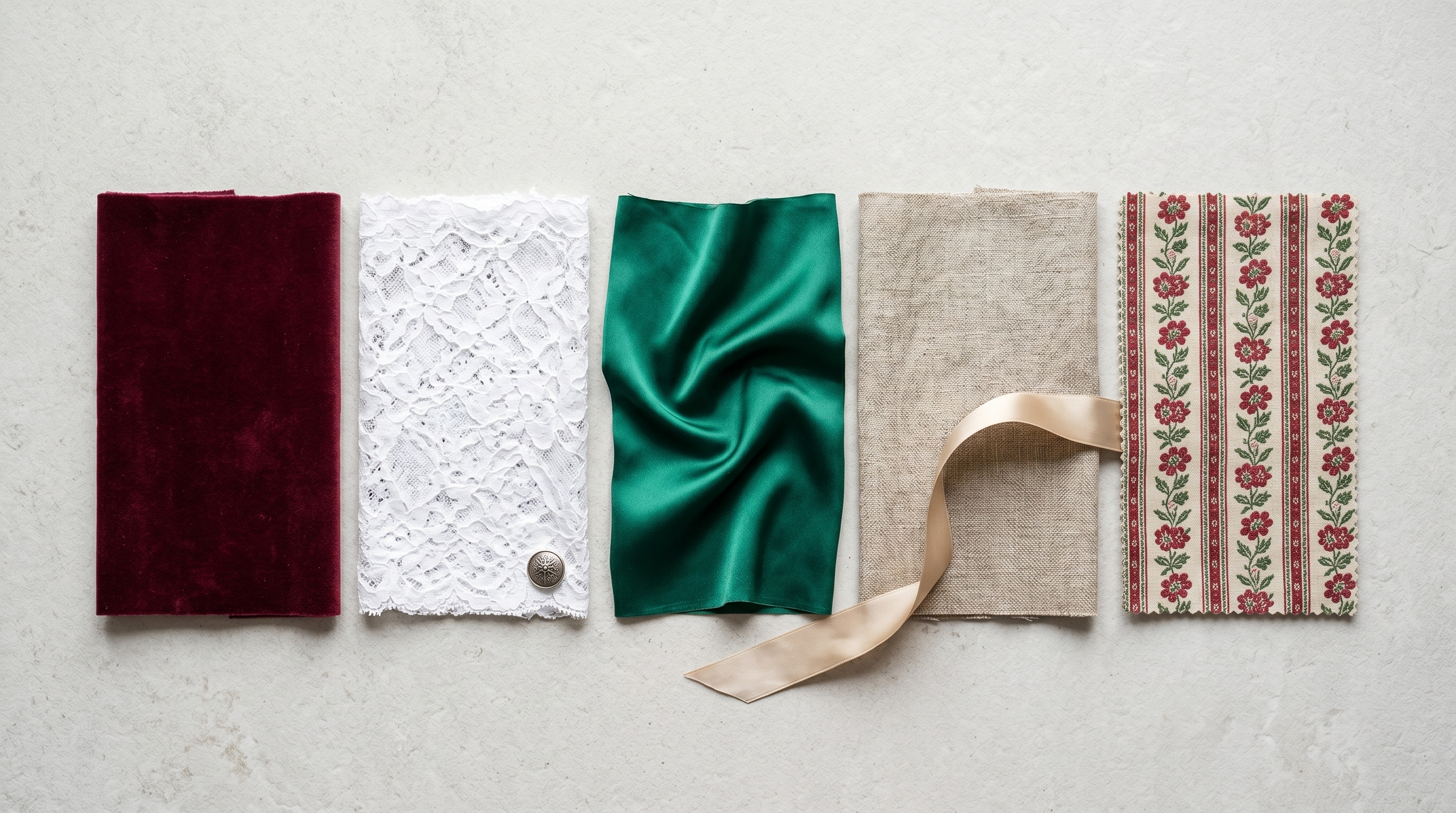 Verschiedene Dirndl Stoffe in Nahaufnahme: Baumwolle, Leinen, Seide, Samt und Spitze