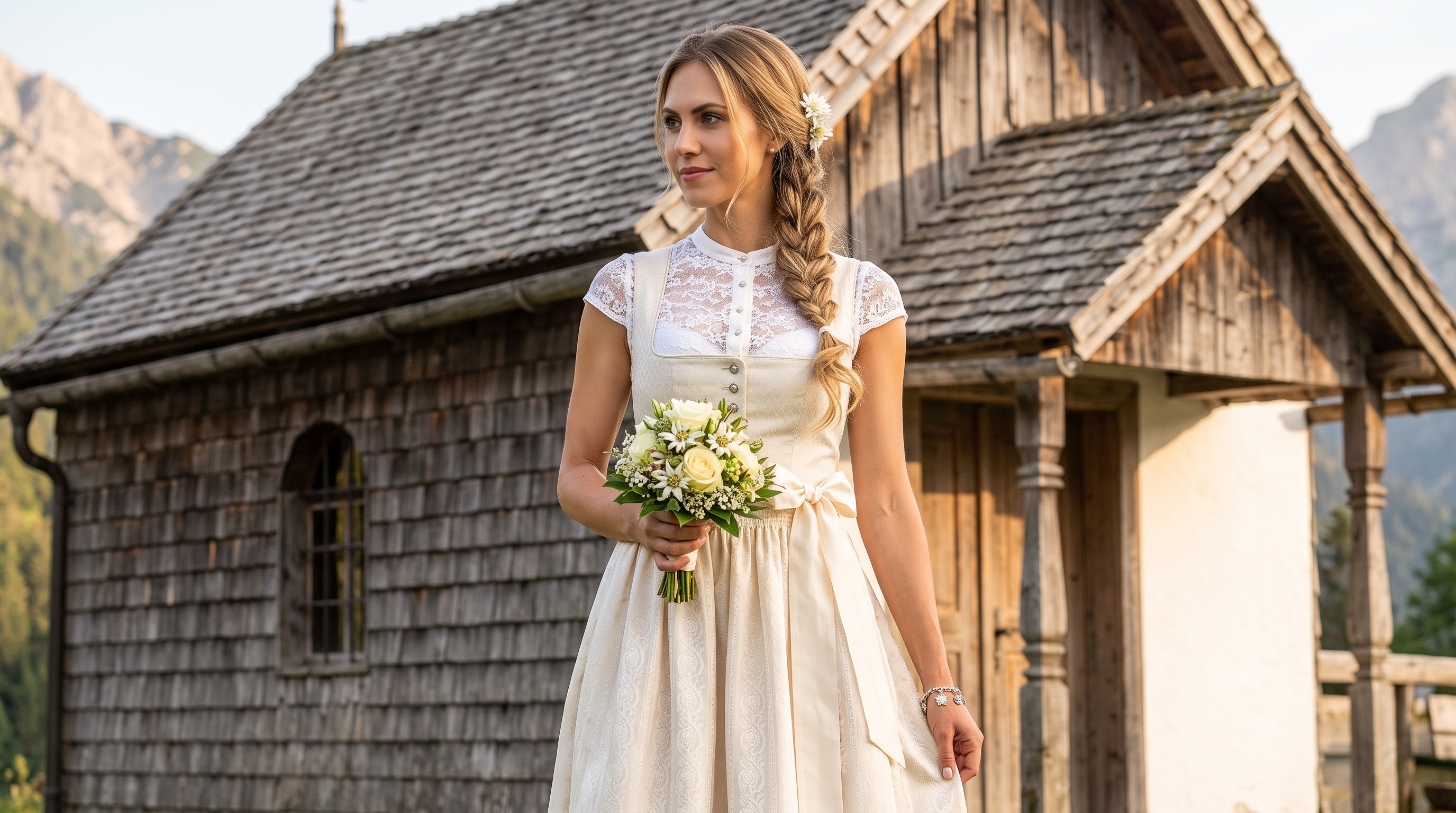 Braut im eleganten weißen Hochzeitsdirndl mit Spitze vor Alpenkulisse