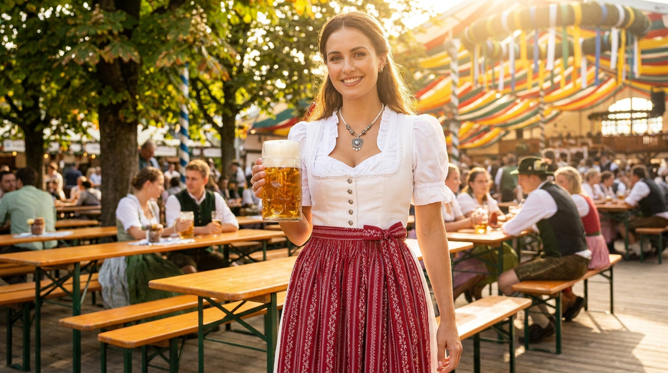 Frau im weißen Dirndl mit roter Dirndlschürze beim Oktoberfest Biergarten