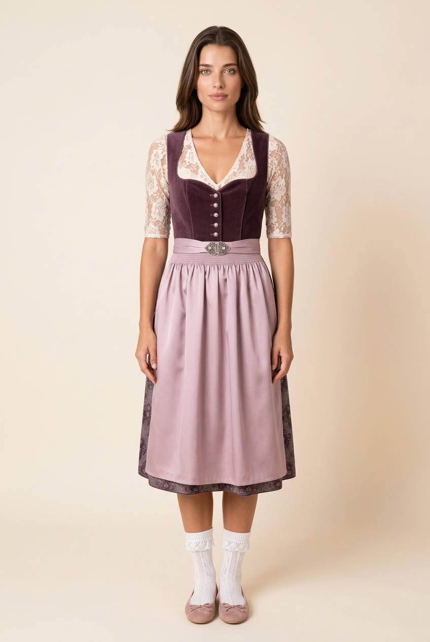 Dirndl Indira aubergine mit Mia Spitzen-Bluse Frontansicht ganzer Körper
