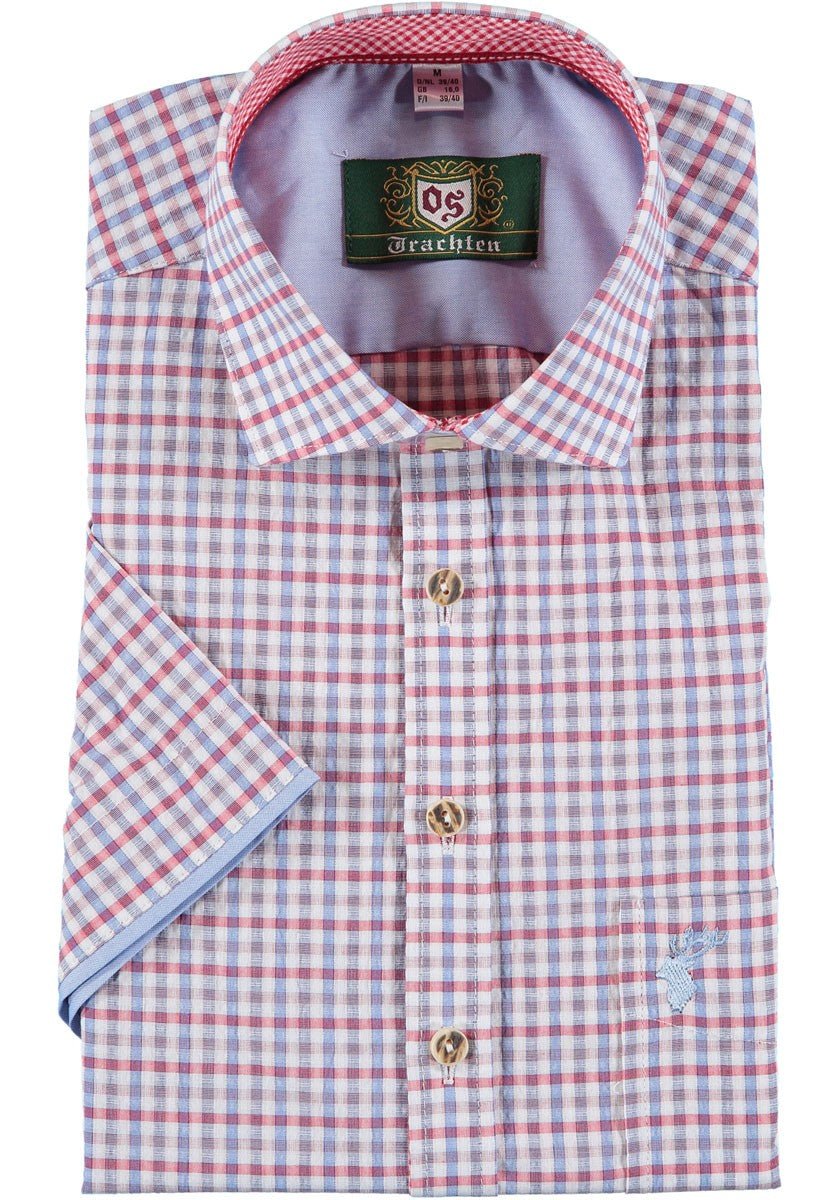 Trachtenhemd - Herrenhemd Heiko rot - blau kurzarm - Dirndl.com