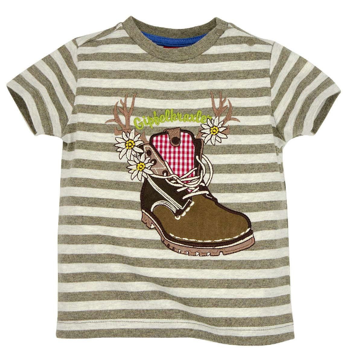 Trachtenshirt - T-Shirt gestreift \'Wanderstiefel\' - Dirndl.com