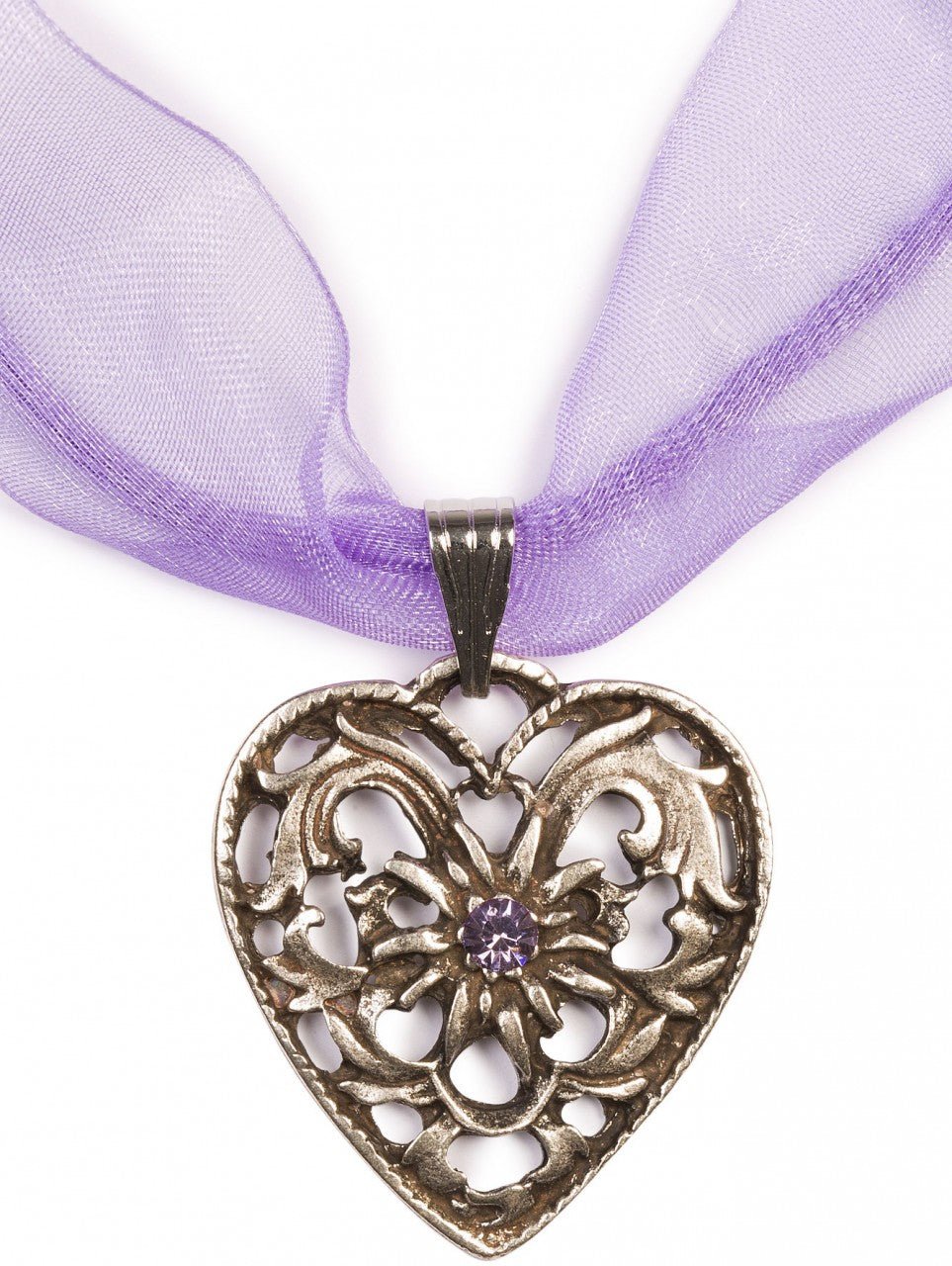 Collier coeur en ruban mousseline avec pierre, violet