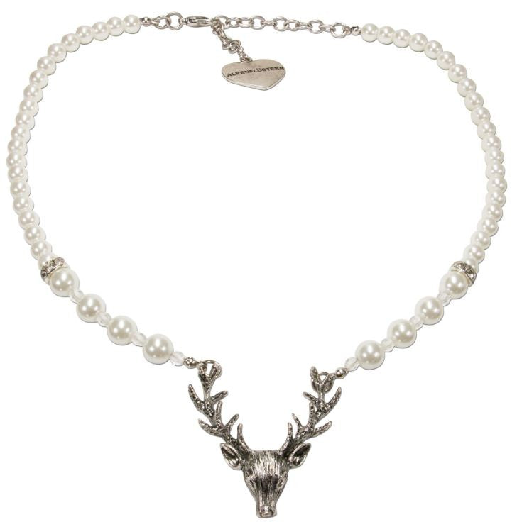 Pearl Necklace with Stag Pendant cream-white