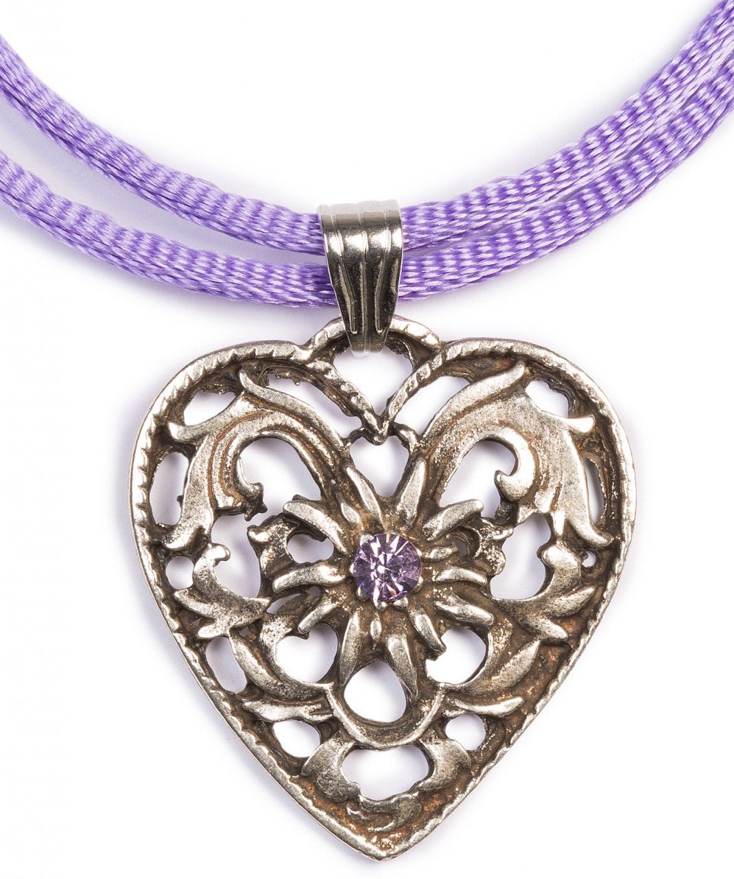 Kette - Herzkette mit Stein und 2 Satinbändern, lila - Dirndl.com