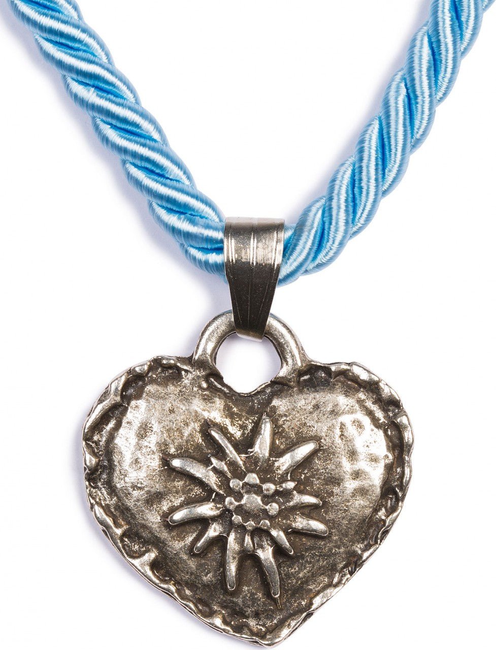 Kette - Kordelkette mit Edelweiß Herz, hellblau - Dirndl.com