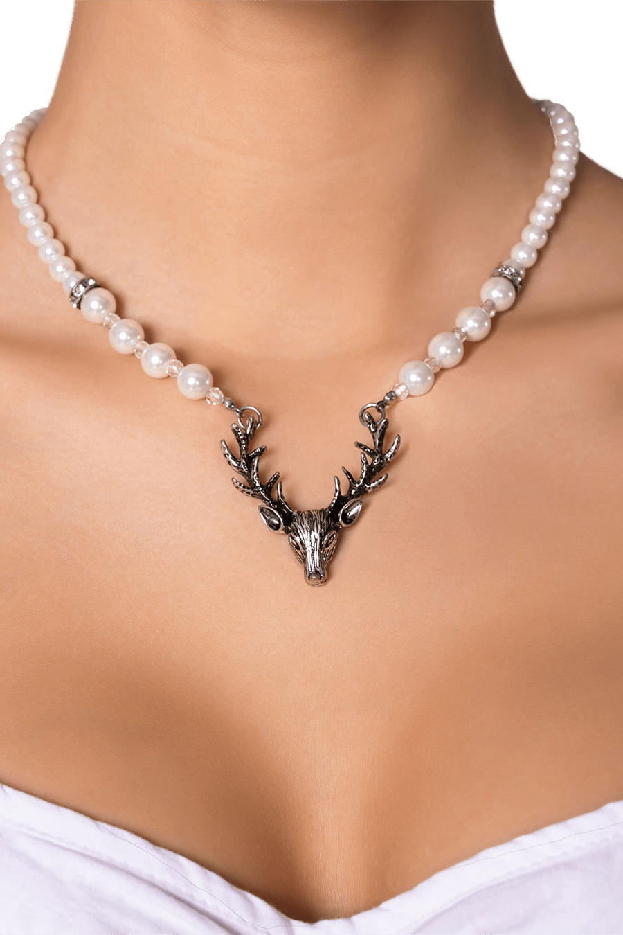 Kette - Perlenkette mit Hirschkopfanhänger creme - weiß - Dirndl.com