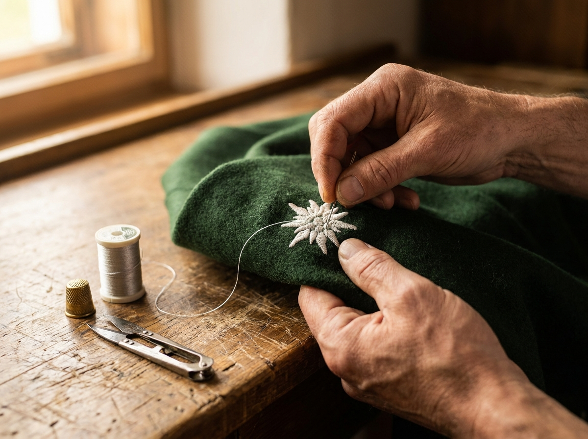Edelweiss-Stickerei auf grünem Trachtenstoff – Handwerksqualität bei Dirndl.com