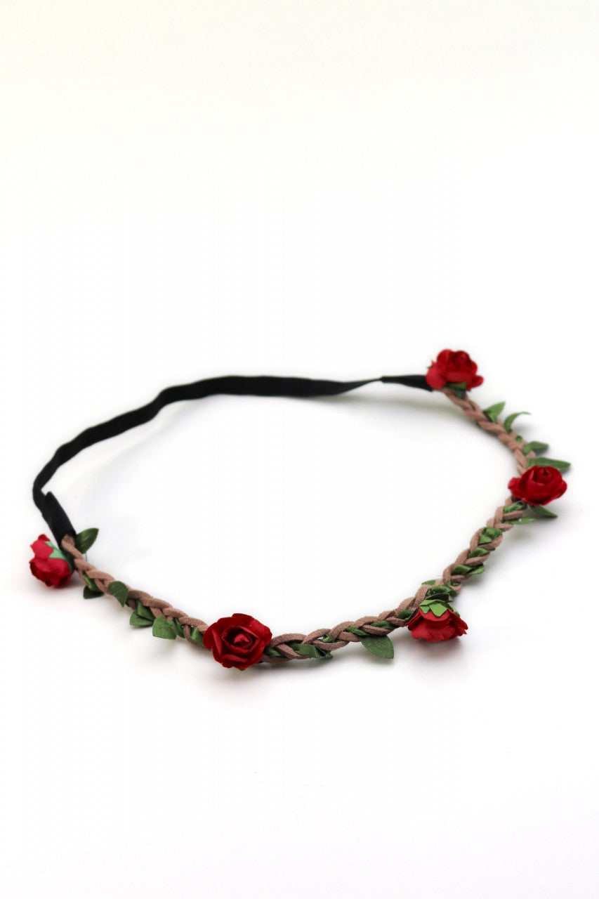 Serre-tête en filigrane avec petites fleurs rouges