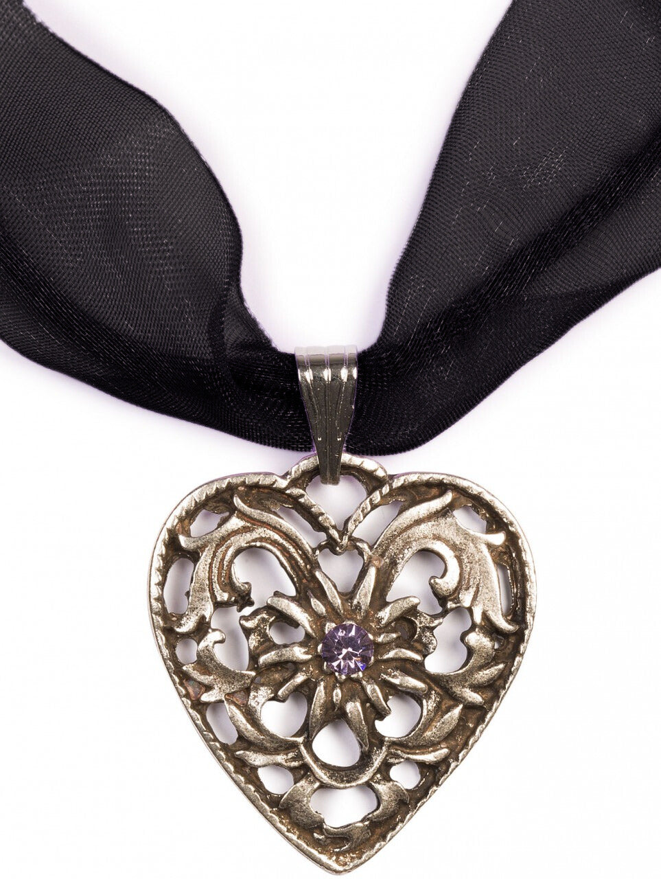 Chiffonband Herzkette mit Stein, lila