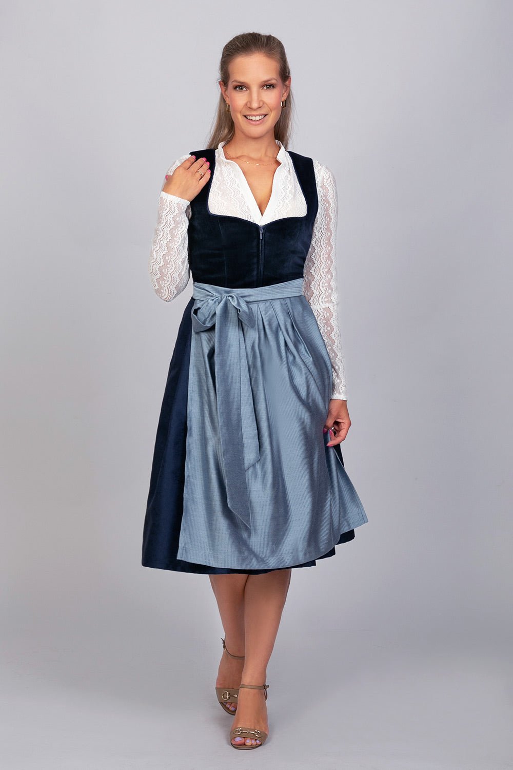 Dirndl - Midi Dirndl Luna Samt Blau - Dirndl.com