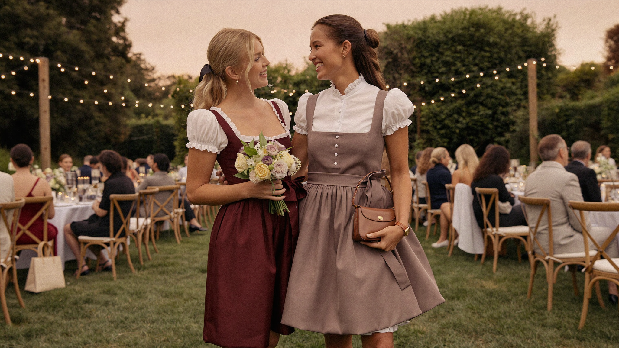 Zwei Gaestinnen in festlichen Dirndln bei der Abendhochzeit