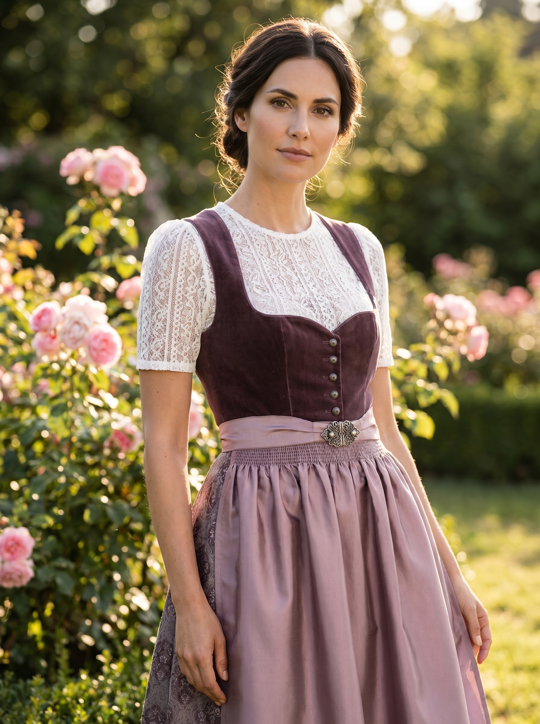 Hochzeits-Dirndl Indira in Aubergine, festliche Gaestin-Farbe