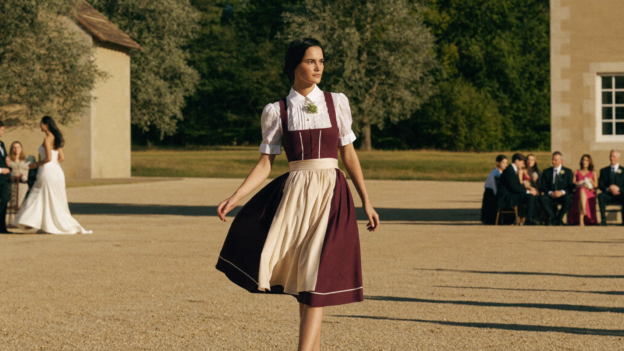 Midi-Dirndl als Hochzeitsgast im festlichen Schloss-Setting