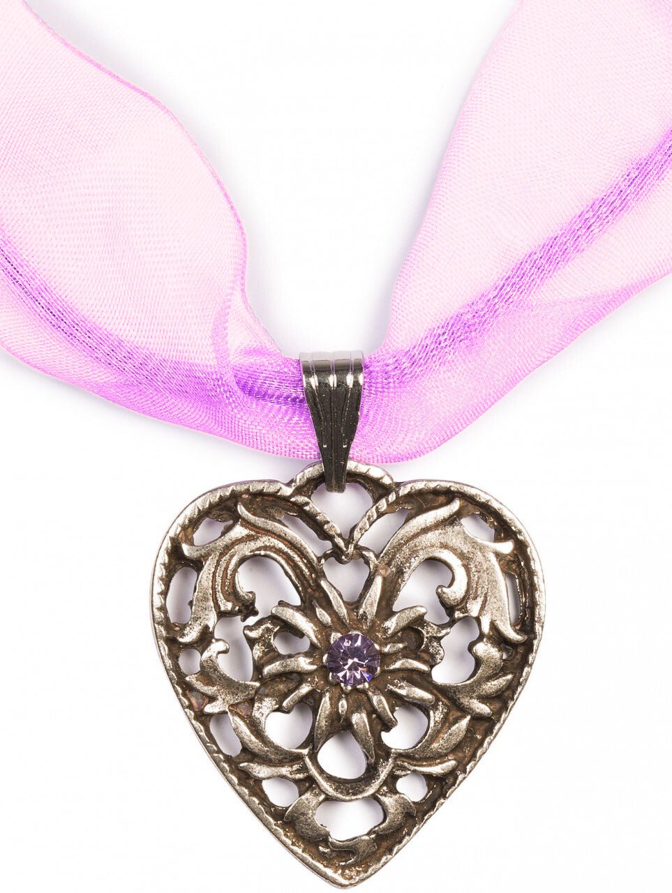 Kette - Chiffonband Herzkette mit Stein, lila - Dirndl.com