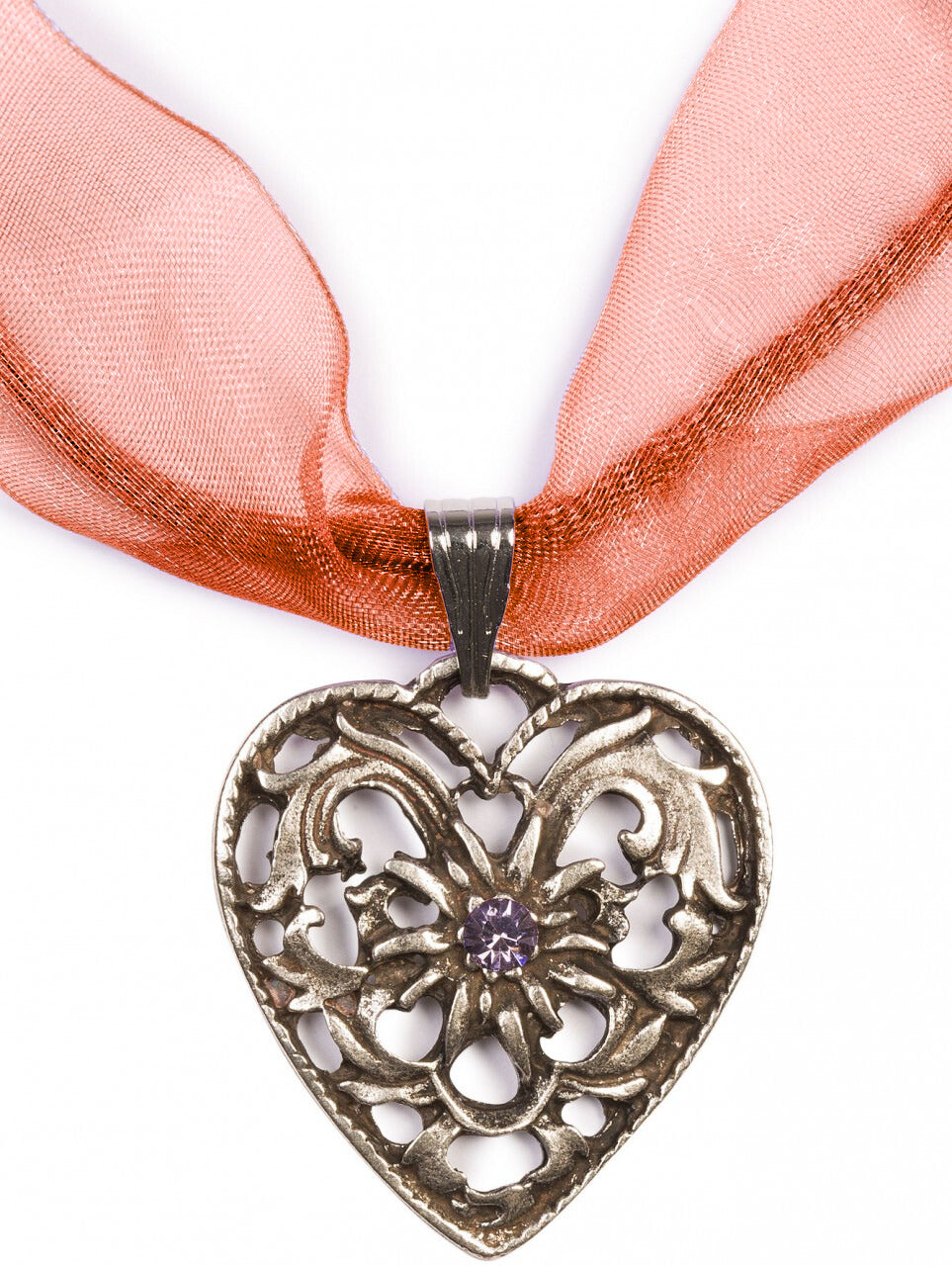 Chiffonband Herzkette mit Stein, lila