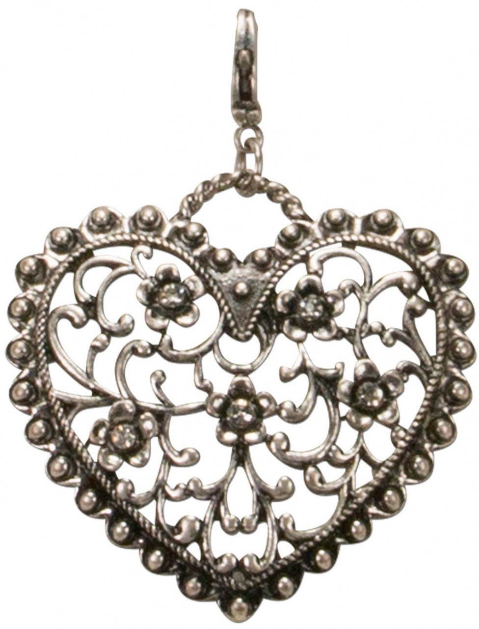 Pendentif costume traditionnel strass fleur coeur argent vieilli