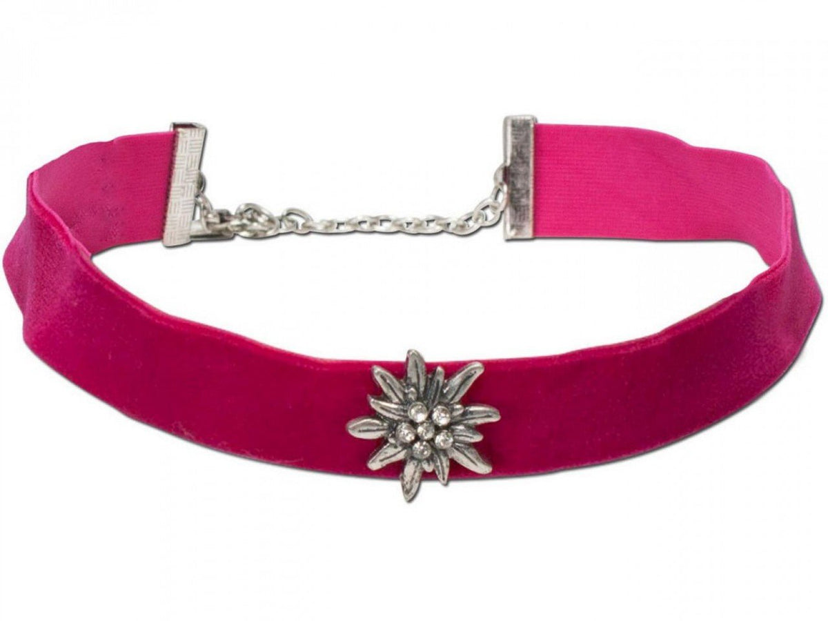 Kropfband - Samtkropfband breit mit Edelweiß pink - Dirndl.com