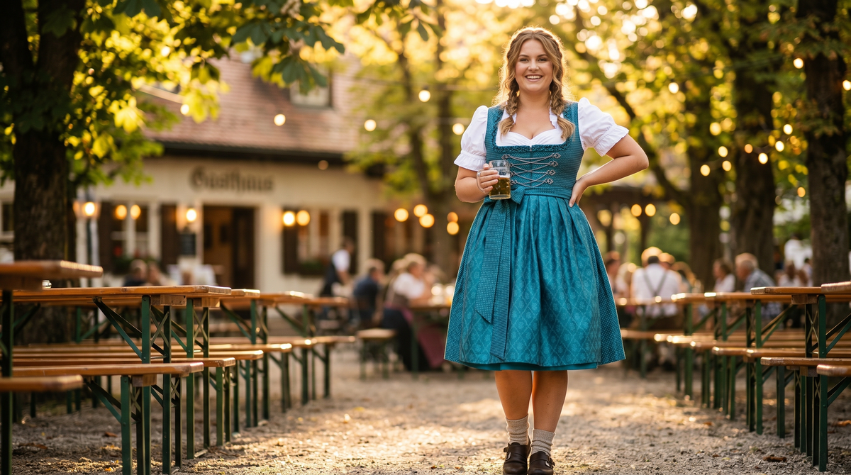 Selbstbewusste kurvige Frau in Plus Size Dirndl im Biergarten