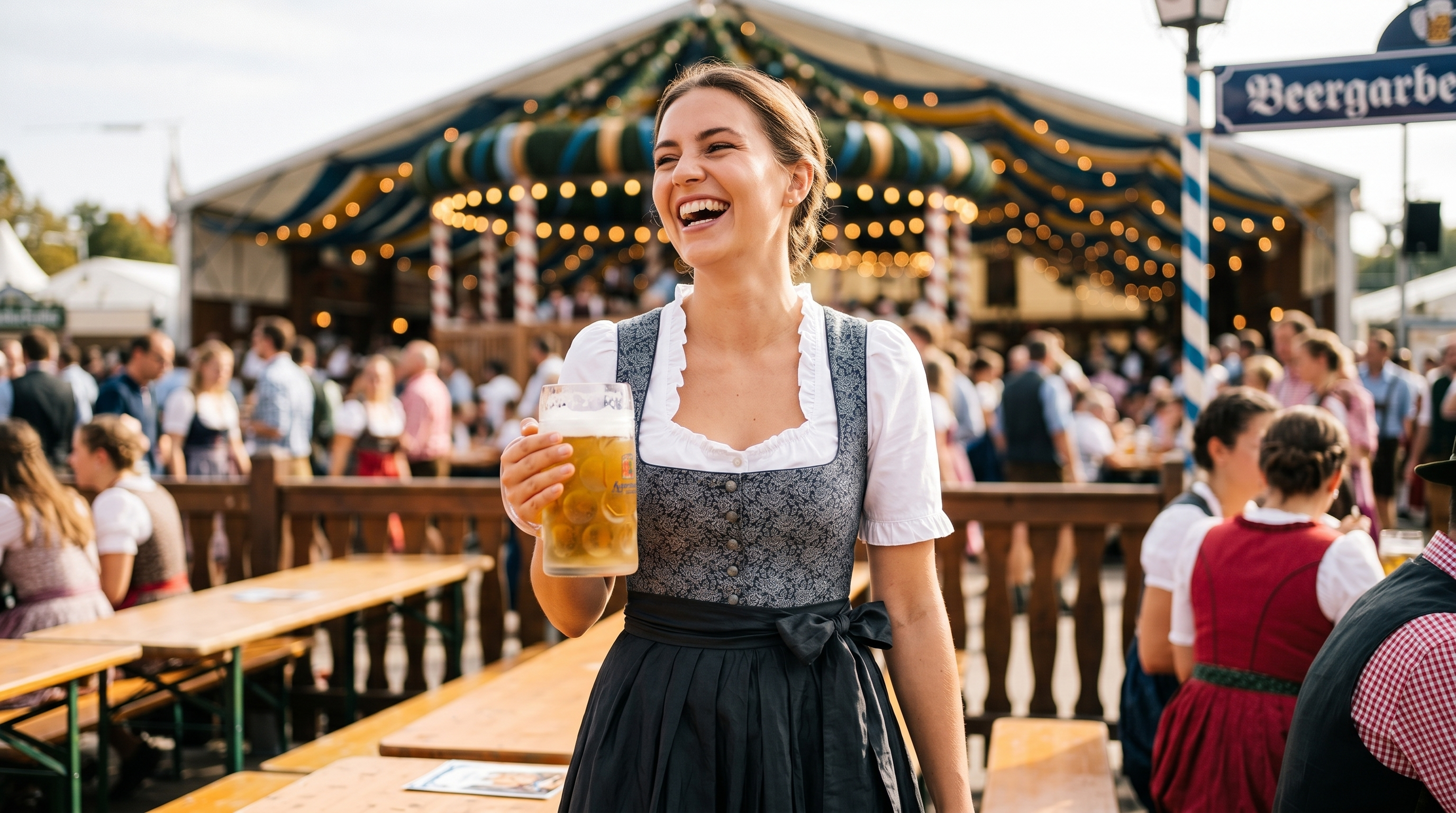 Frau in günstigem Dirndl mit schöner Qualität auf dem Oktoberfest