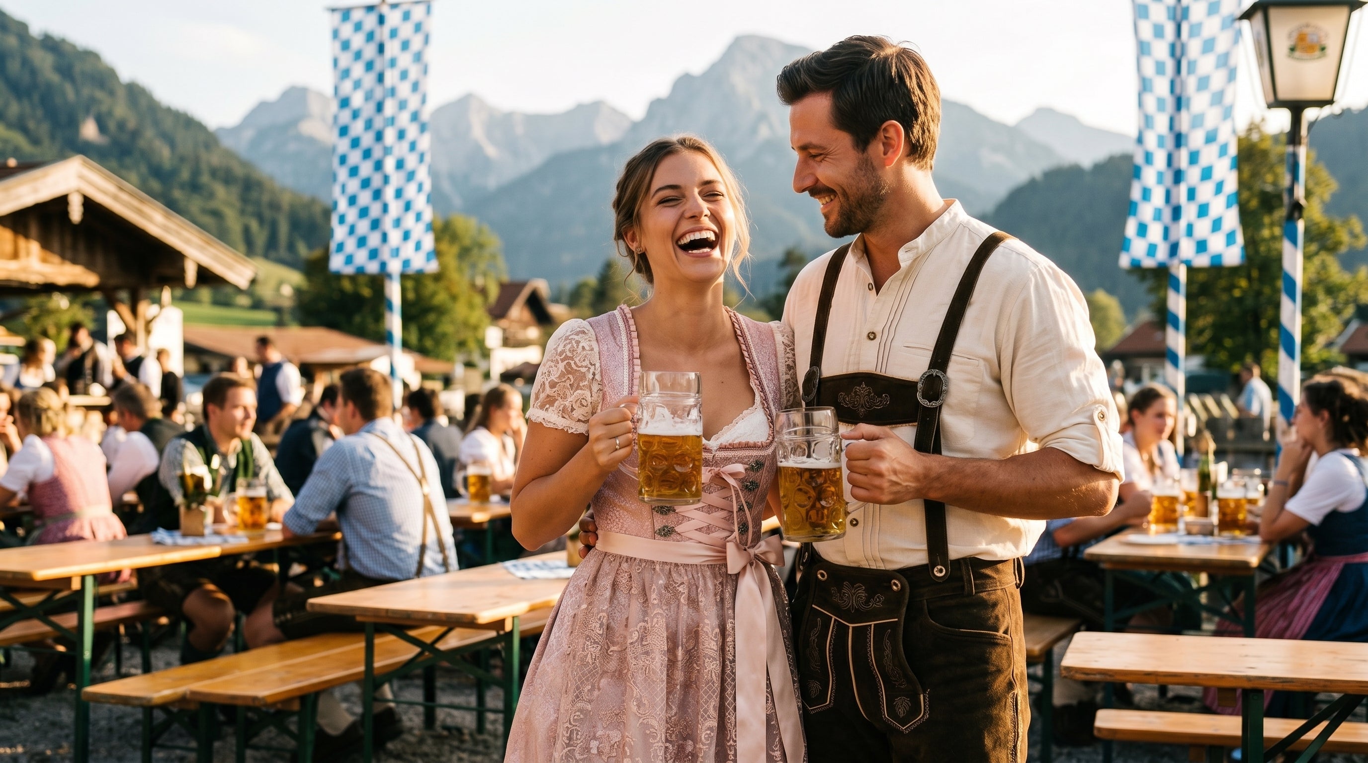 Paar in harmonisch abgestimmten Trachten, Dirndl und Lederhose im Partnerlook auf dem Oktoberfest