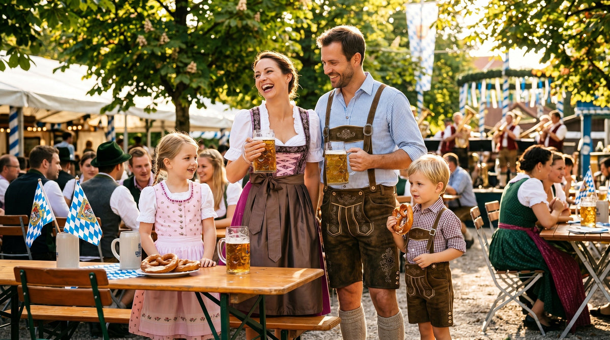 Familie in farblich harmonierenden Dirndln und Lederhosen auf der Wiesn