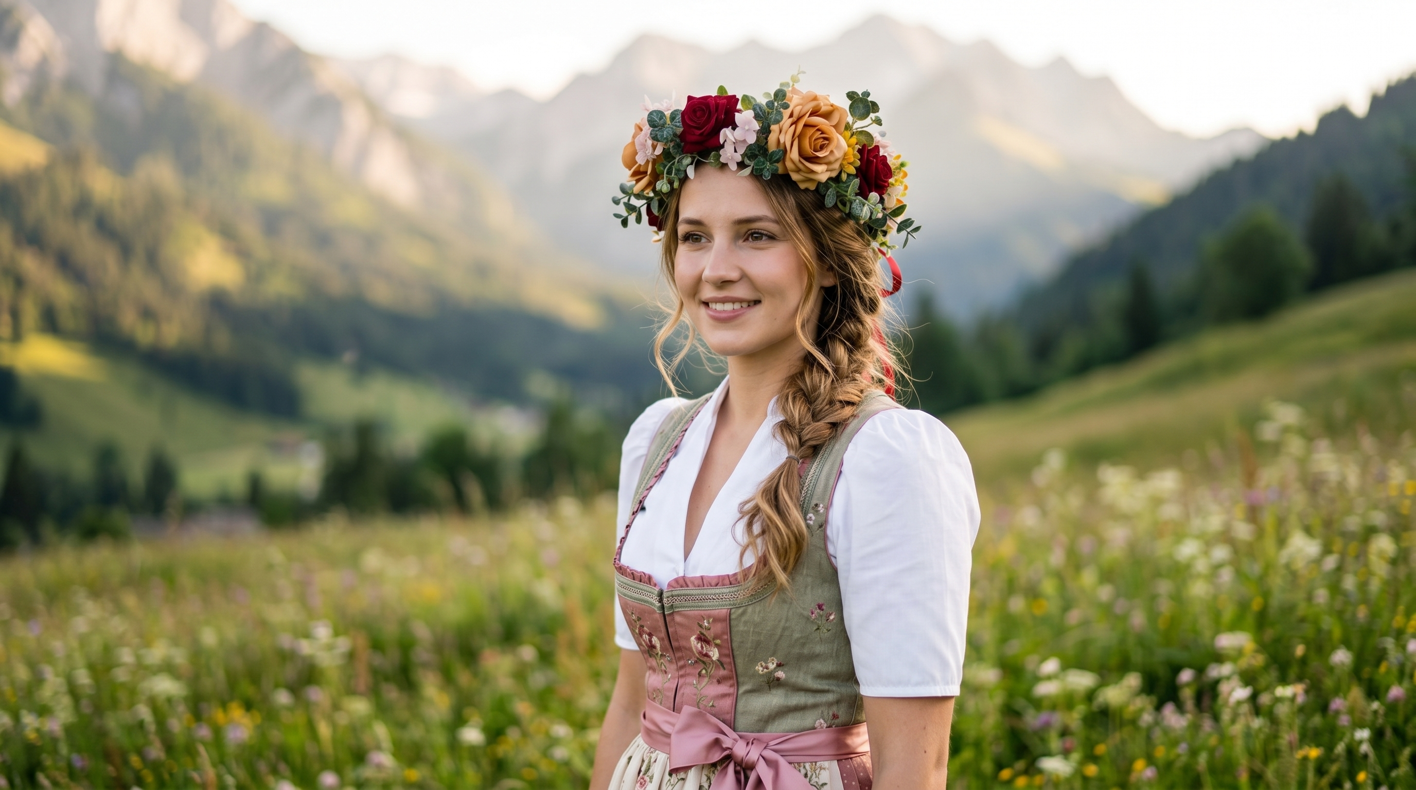 Frau im traditionellen Dirndl mit elegantem Blumen-Haarkranz auf der Almwiese