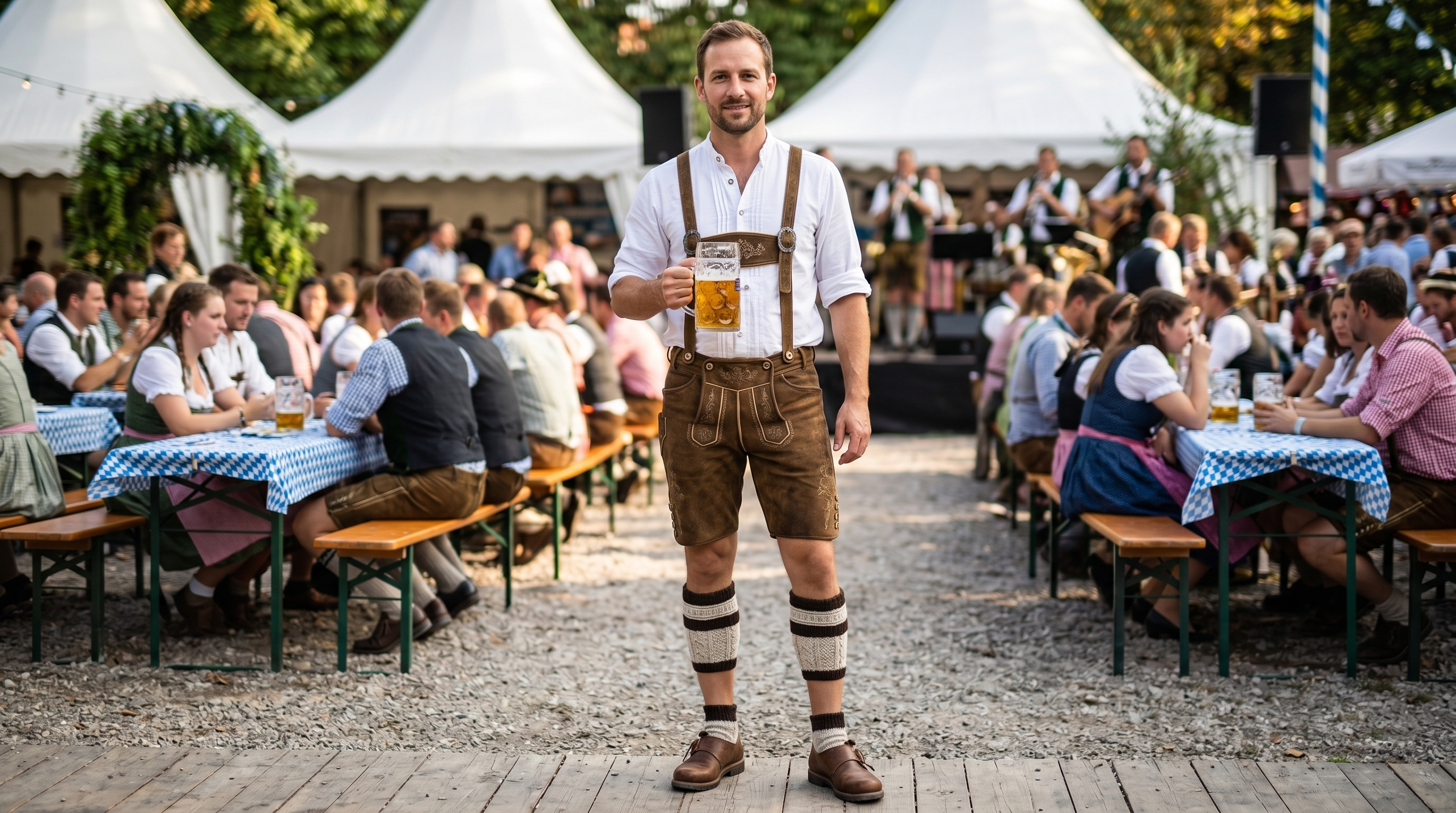 Mann in kurzer Lederhose mit klassischen Trachtenkniestrümpfen beim Oktoberfest