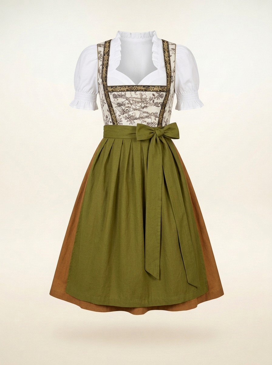 Dirndl Set Astrid beige mit jagdgrüner Schürze freigestellt Frontansicht