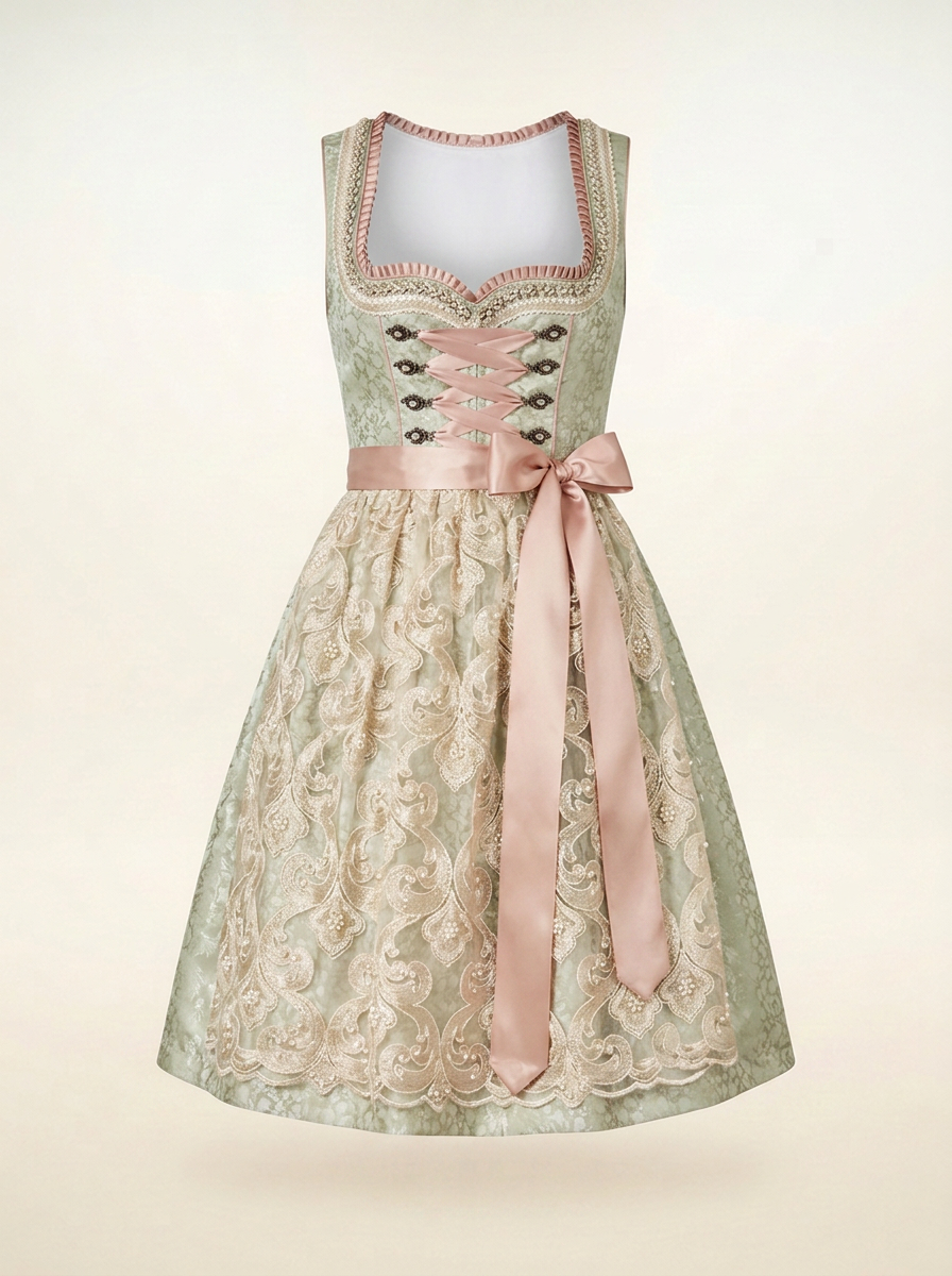 Dirndl Edina 60cm salbeigrün mit rosa Schnürung freigestellt Frontansicht