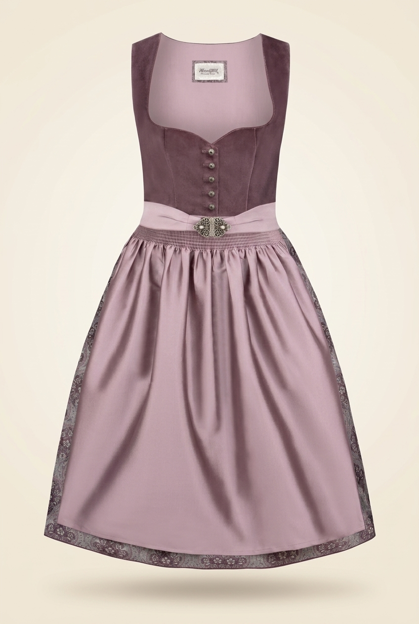 Dirndl Indira aubergine mit rosa Satin-Schürze freigestellt Frontansicht