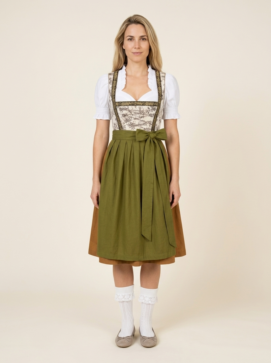 Dirndl Set Astrid beige mit jagdgrüner Schürze Frontansicht ganzer Körper