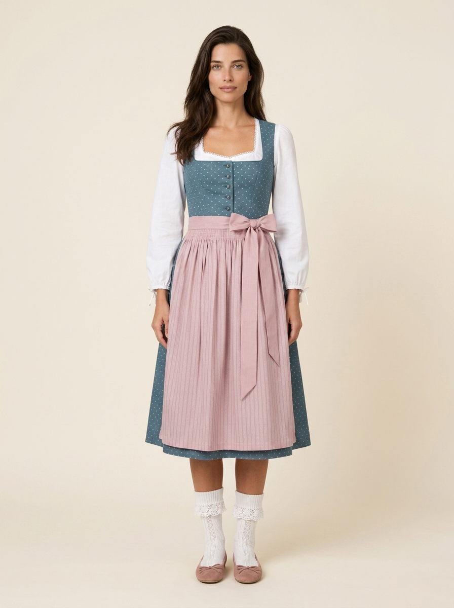 Dirndl Madeline petrolblau-rosé Frontansicht ganzer Körper