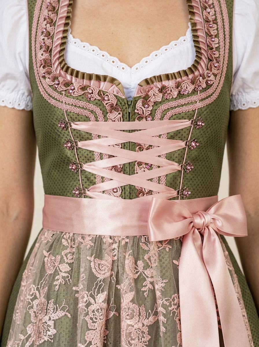 Dirndl Savina Mieder mit Rosé-Bordüre und Strassösen Detail