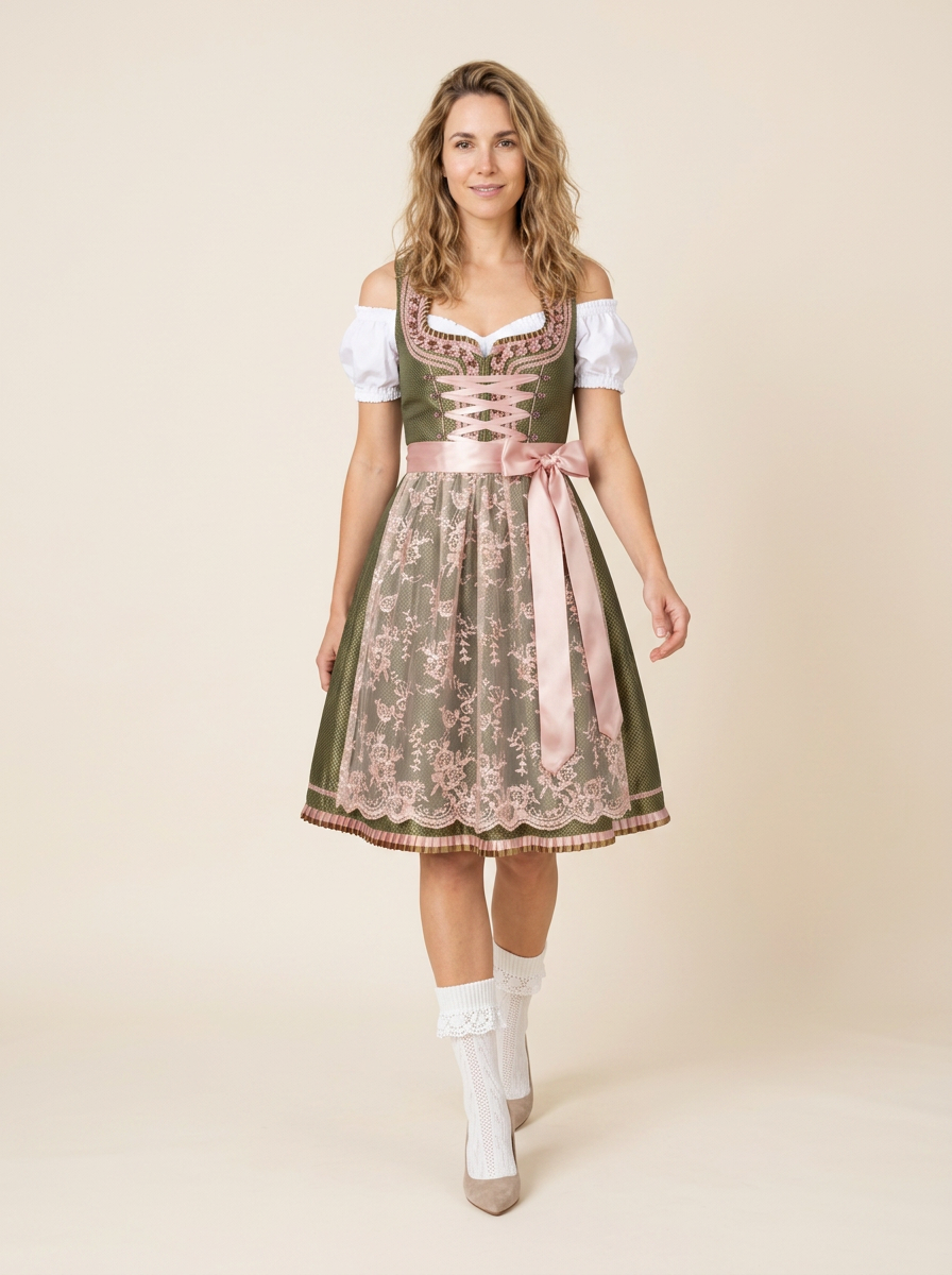 Dirndl Savina grün rosé in Bewegung