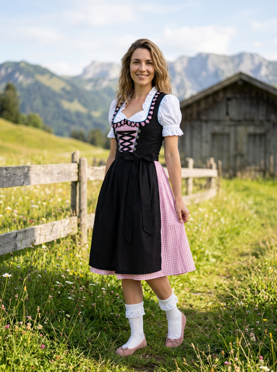 Dirndl Set Anja rosa-schwarz in bayerischer Alpenlandschaft