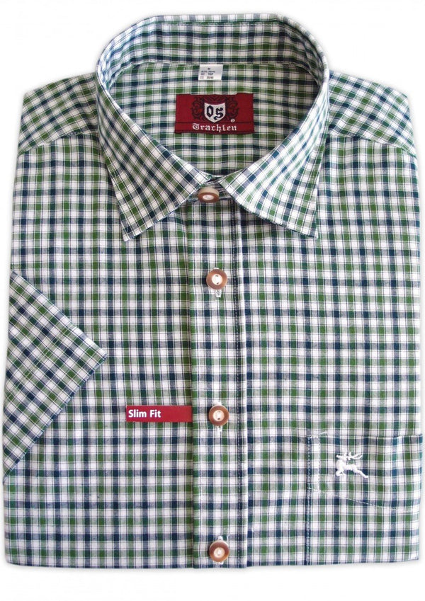 Trachtenhemd - Herrenhemd Fidl dunkelgrün - blau kurzarm - Dirndl.com