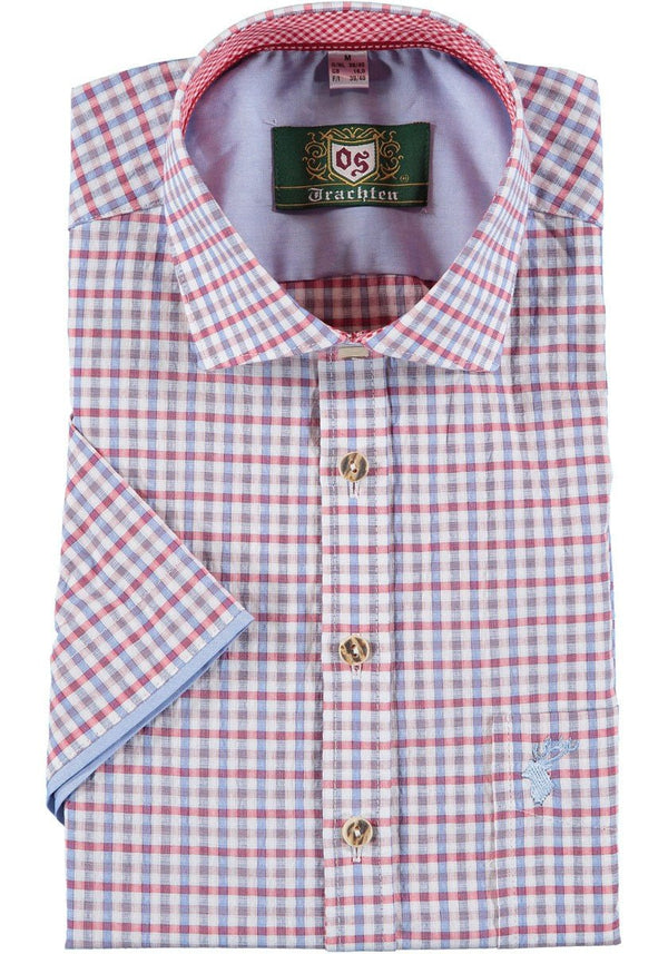 Trachtenhemd - Herrenhemd Heiko rot - blau kurzarm - Dirndl.com