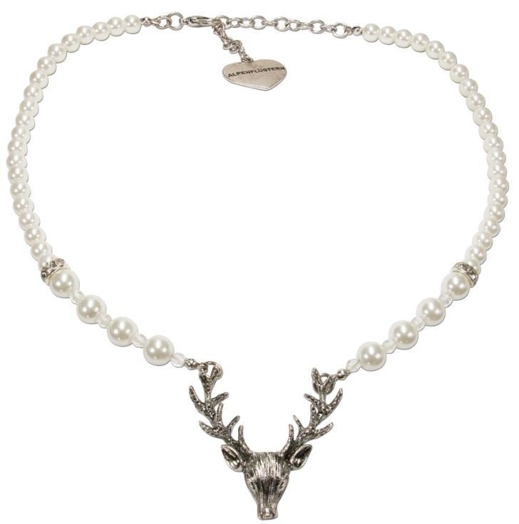 Kette - Perlenkette mit Hirschkopfanhänger creme - weiß - Dirndl.com
