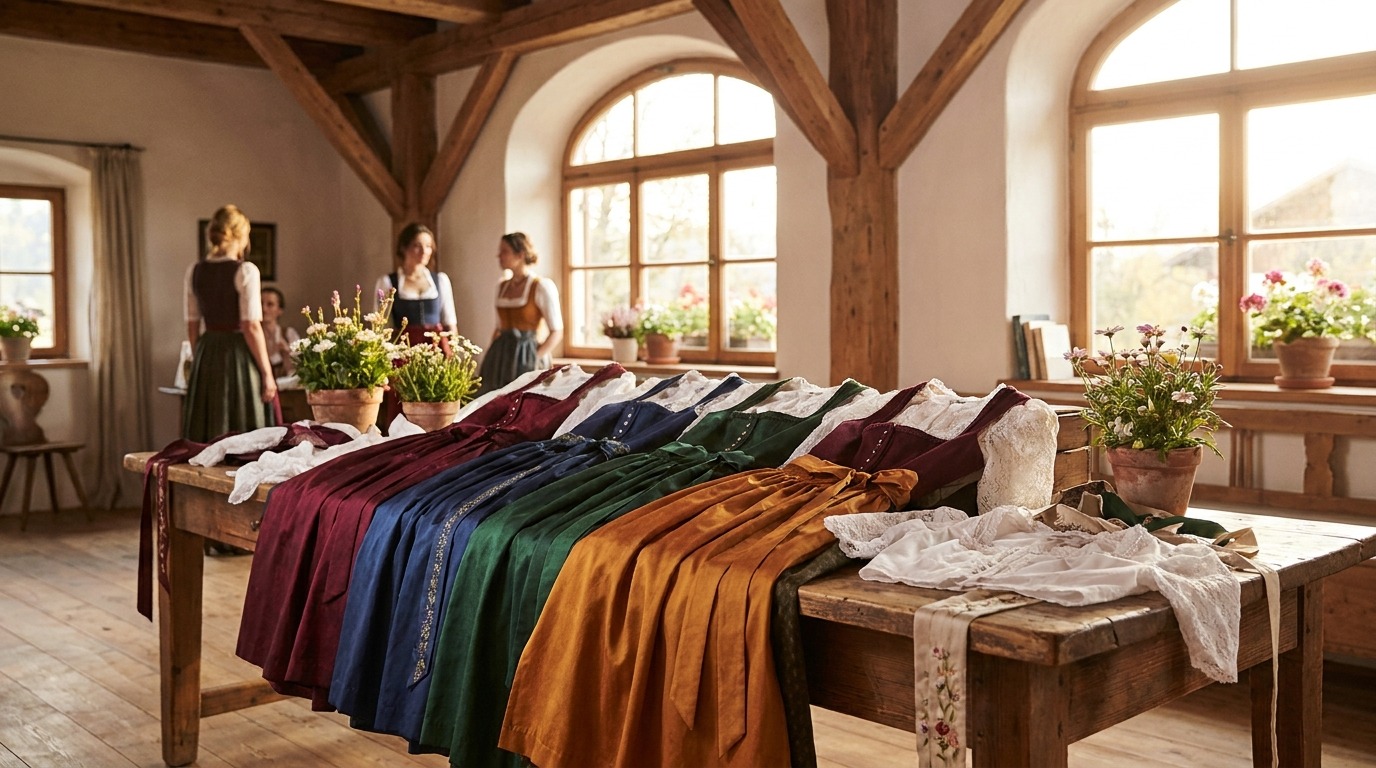 Dirndl-Kollektion in Weinrot, Blau und Grün auf Holztisch