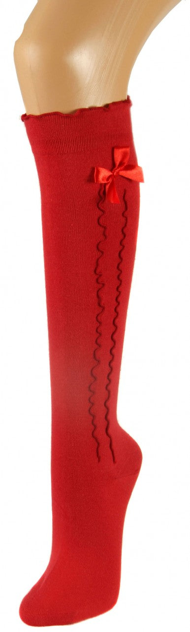 Damen Kniestrümpfe rot mit Rüsche und Schleife