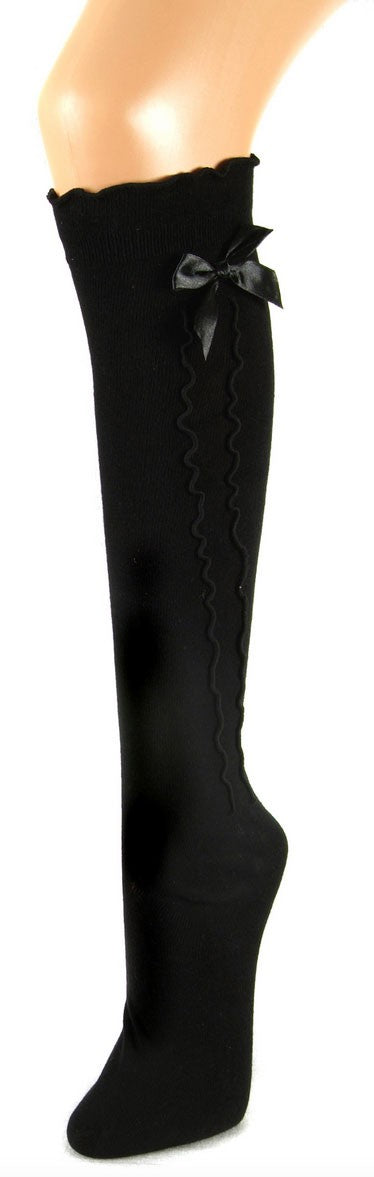 Damen Kniestrümpfe schwarz mit Rüsche und Schleife