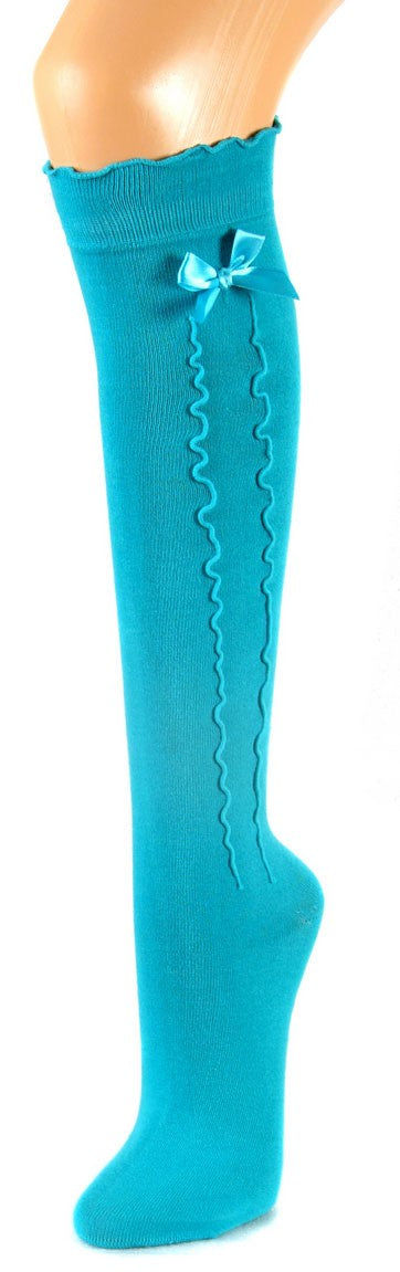 Damen Kniestrümpfe türkis mit Rüsche und Schleife