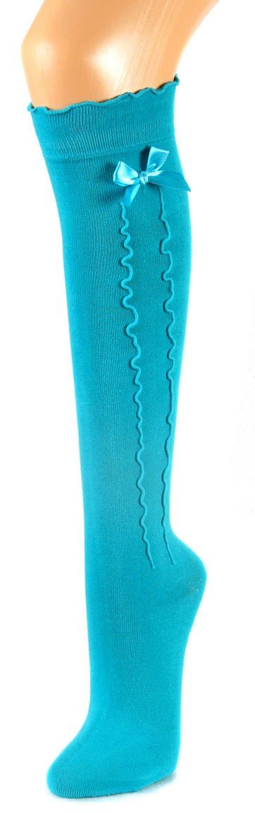 Strumpf - Damen Kniestrümpfe türkis mit Rüsche und Schleife - Dirndl.com