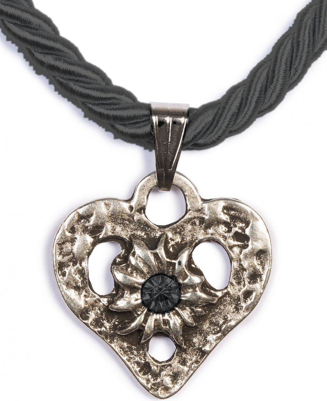 Kordelkette Herz mit Stein, Schwarz